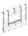 Harmony 4 Bay Media Unit - Aluminum + Wood Shelves and Cabinets