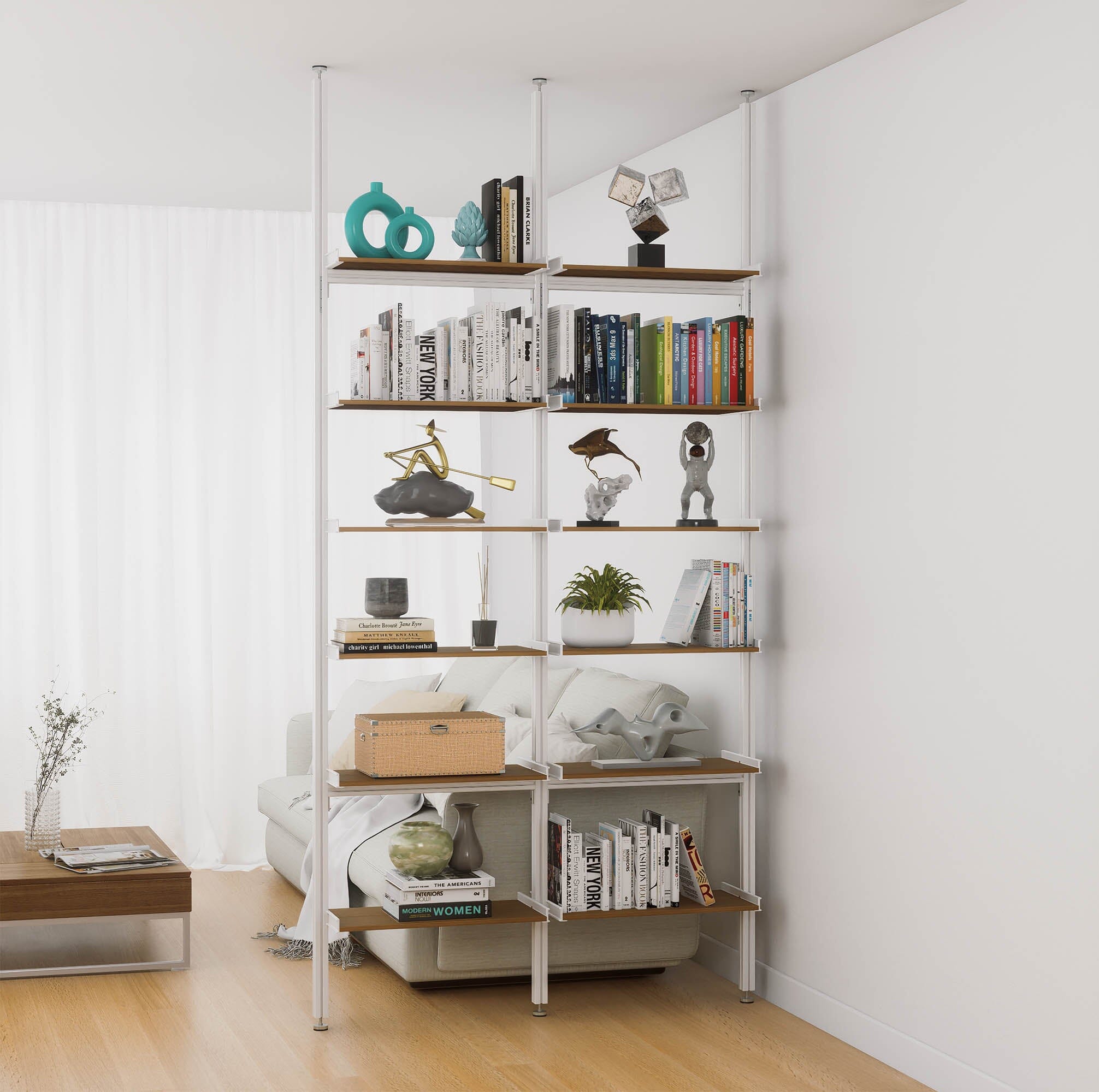 Aluminaire Wood Inspired Floor to Ceiling Shelving Room Divider