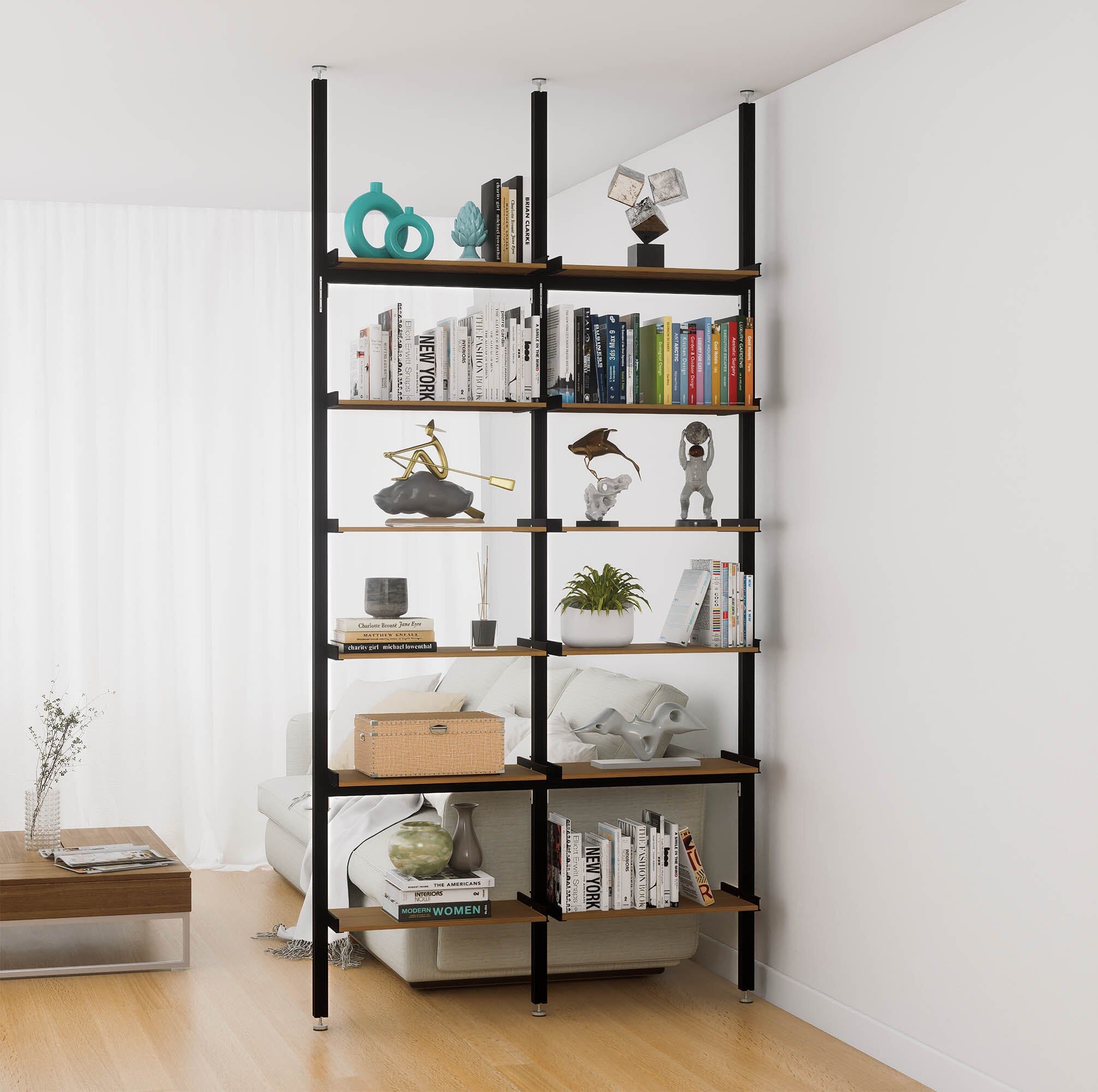 Aluminaire Wood Inspired Floor to Ceiling Shelving Room Divider