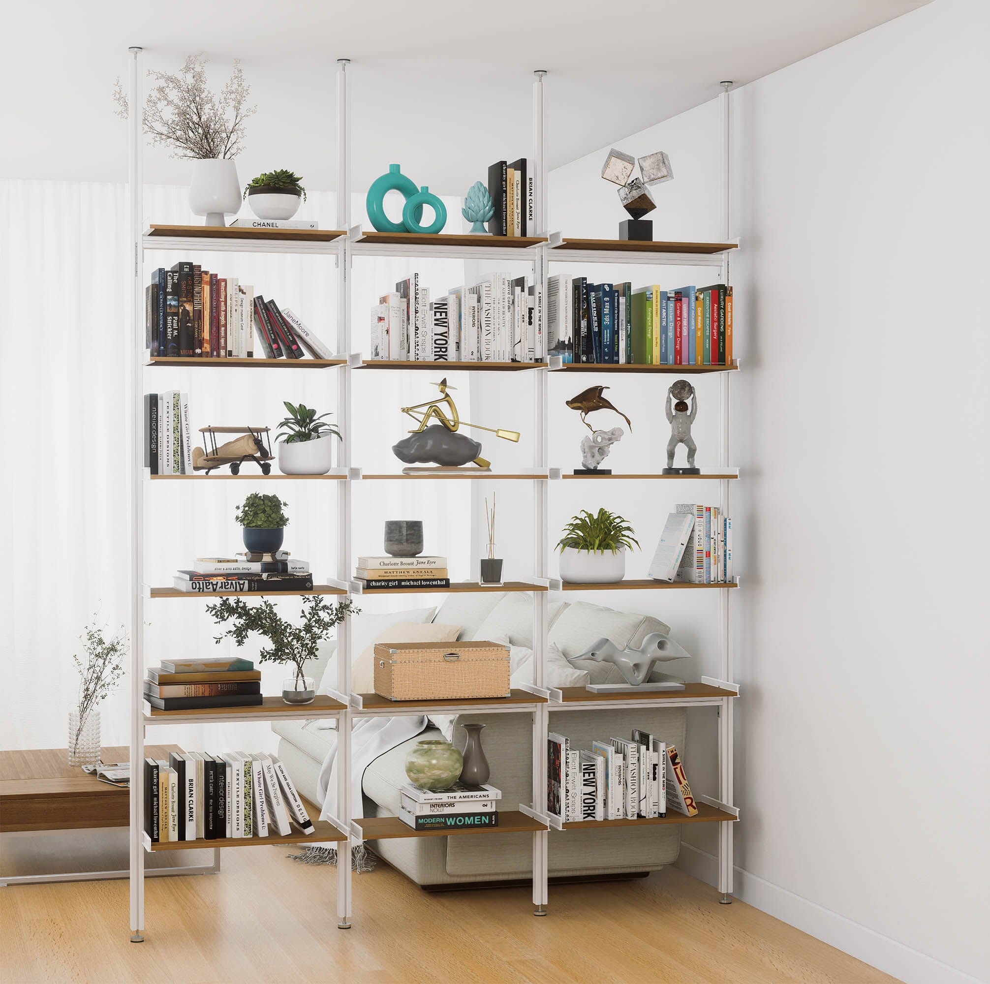 Aluminaire Wood Inspired Floor to Ceiling Shelving Room Divider