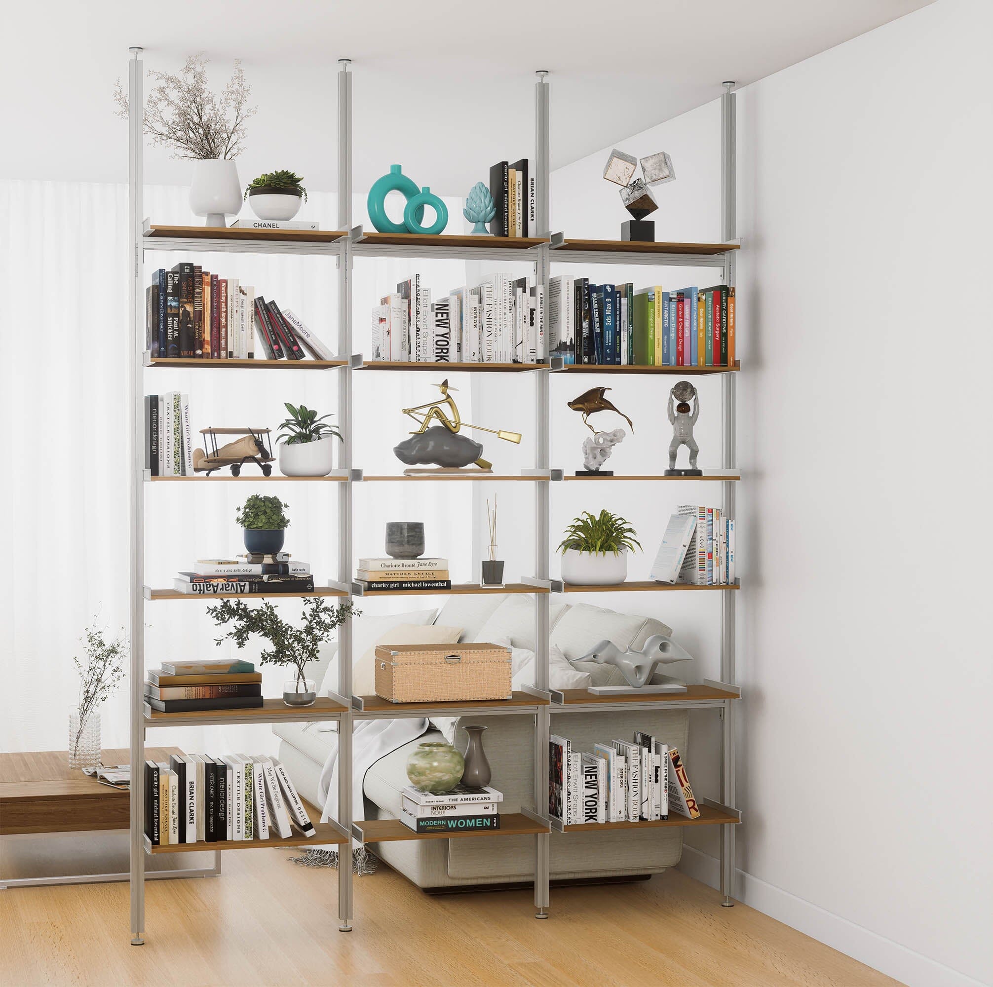 Aluminaire Wood Inspired Floor to Ceiling Shelving Room Divider