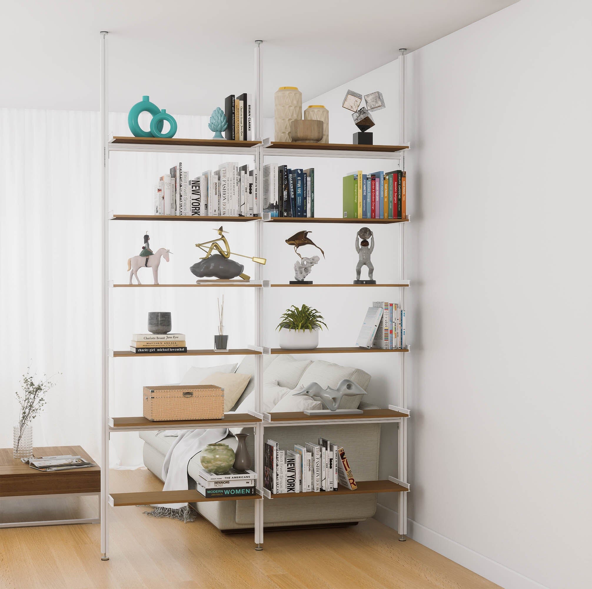 Aluminaire Wood Inspired Floor to Ceiling Shelving Room Divider