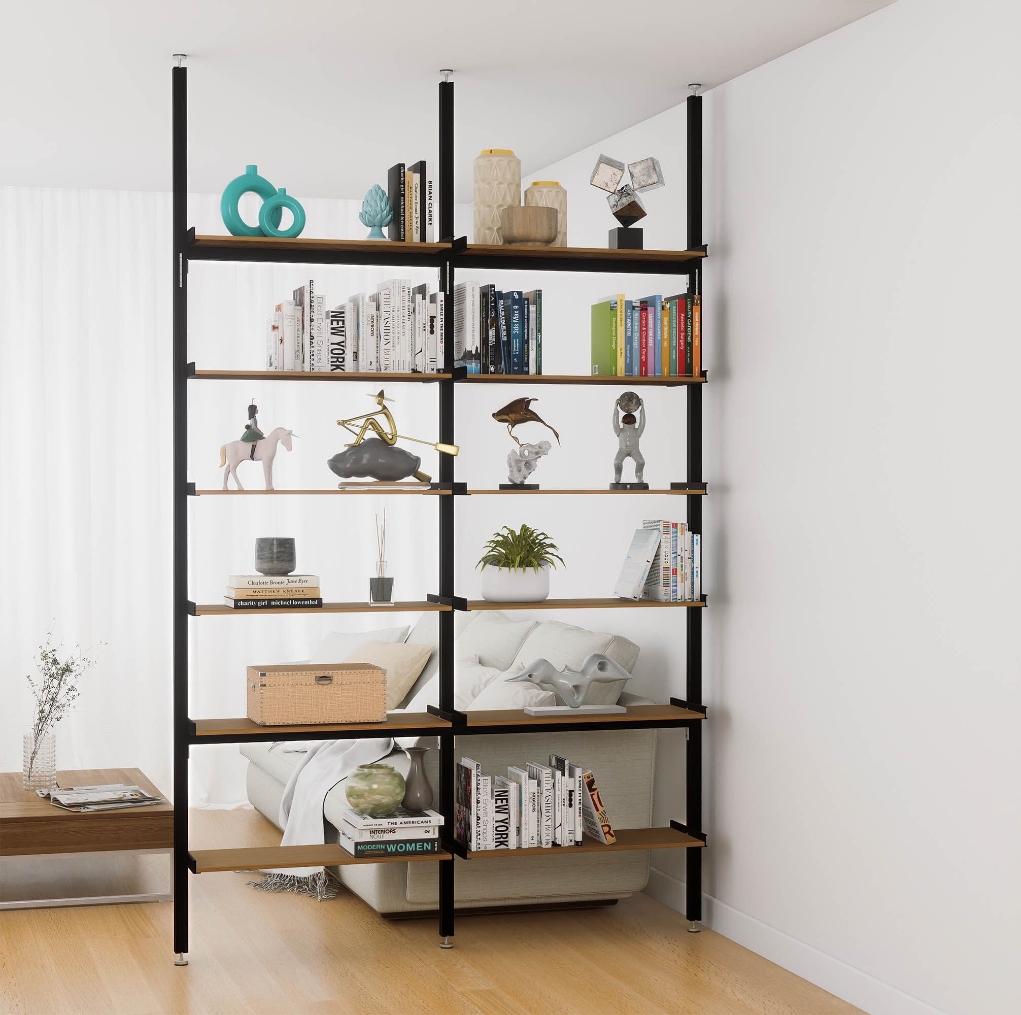 Aluminaire Wood Inspired Floor to Ceiling Shelving Room Divider