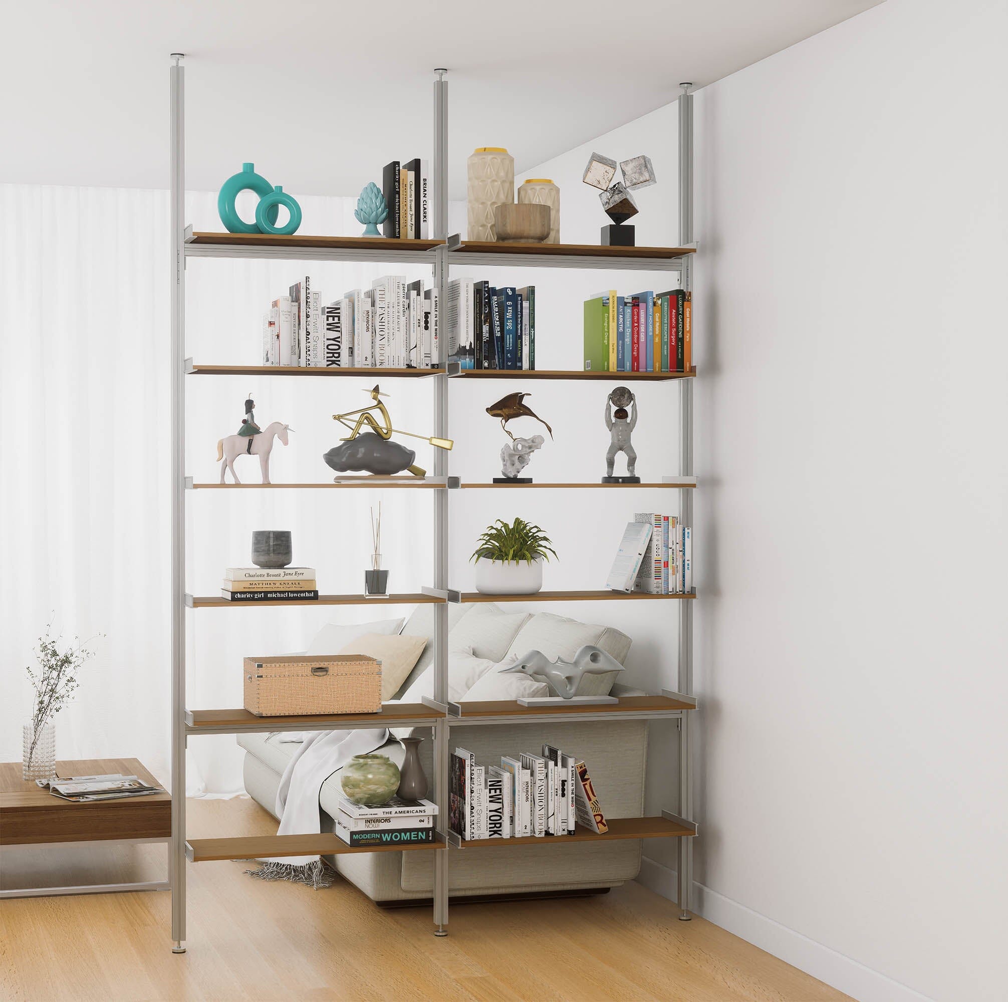 Aluminaire Wood Inspired Floor to Ceiling Shelving Room Divider