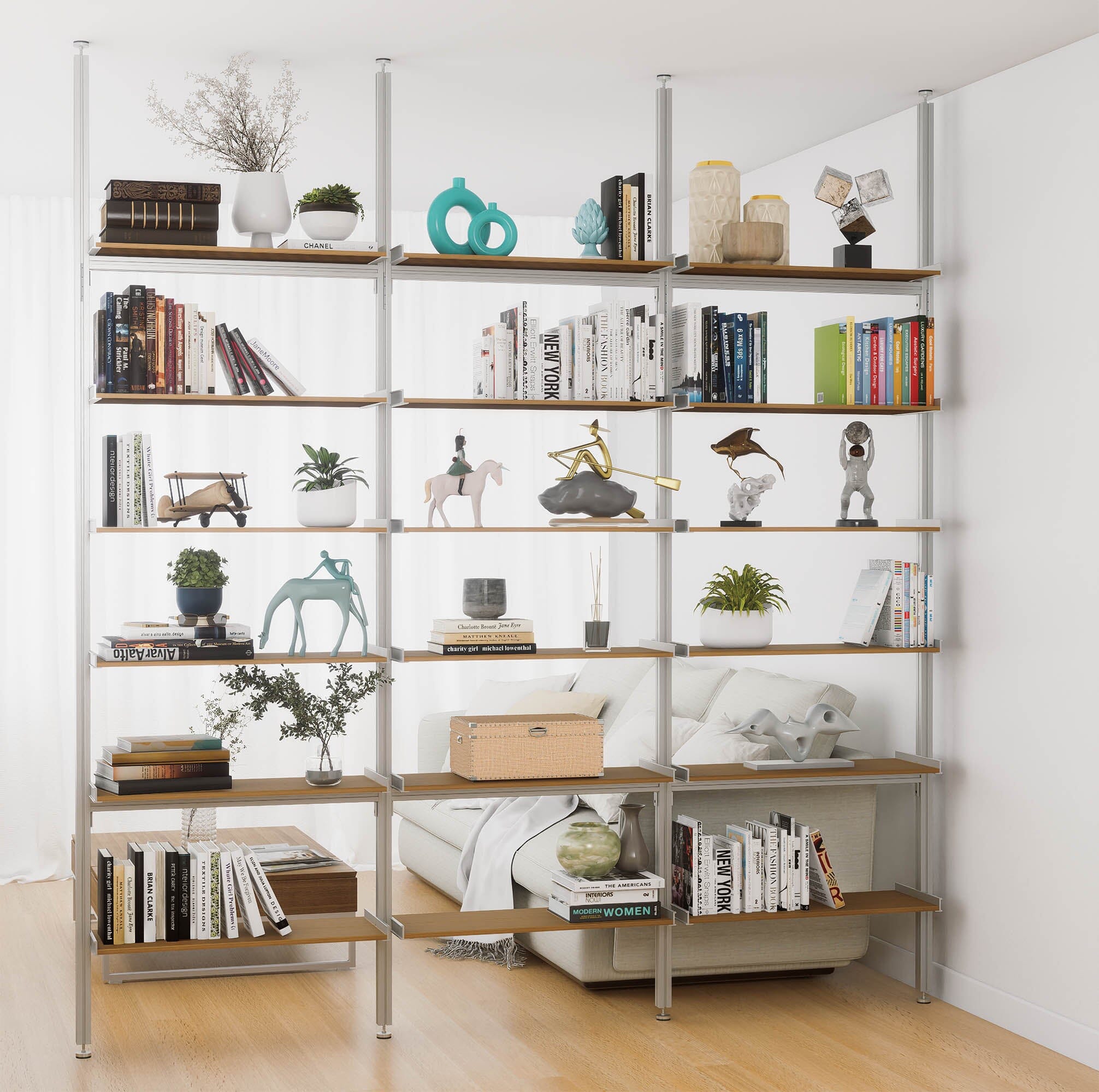 Aluminaire Wood Inspired Floor to Ceiling Shelving Room Divider
