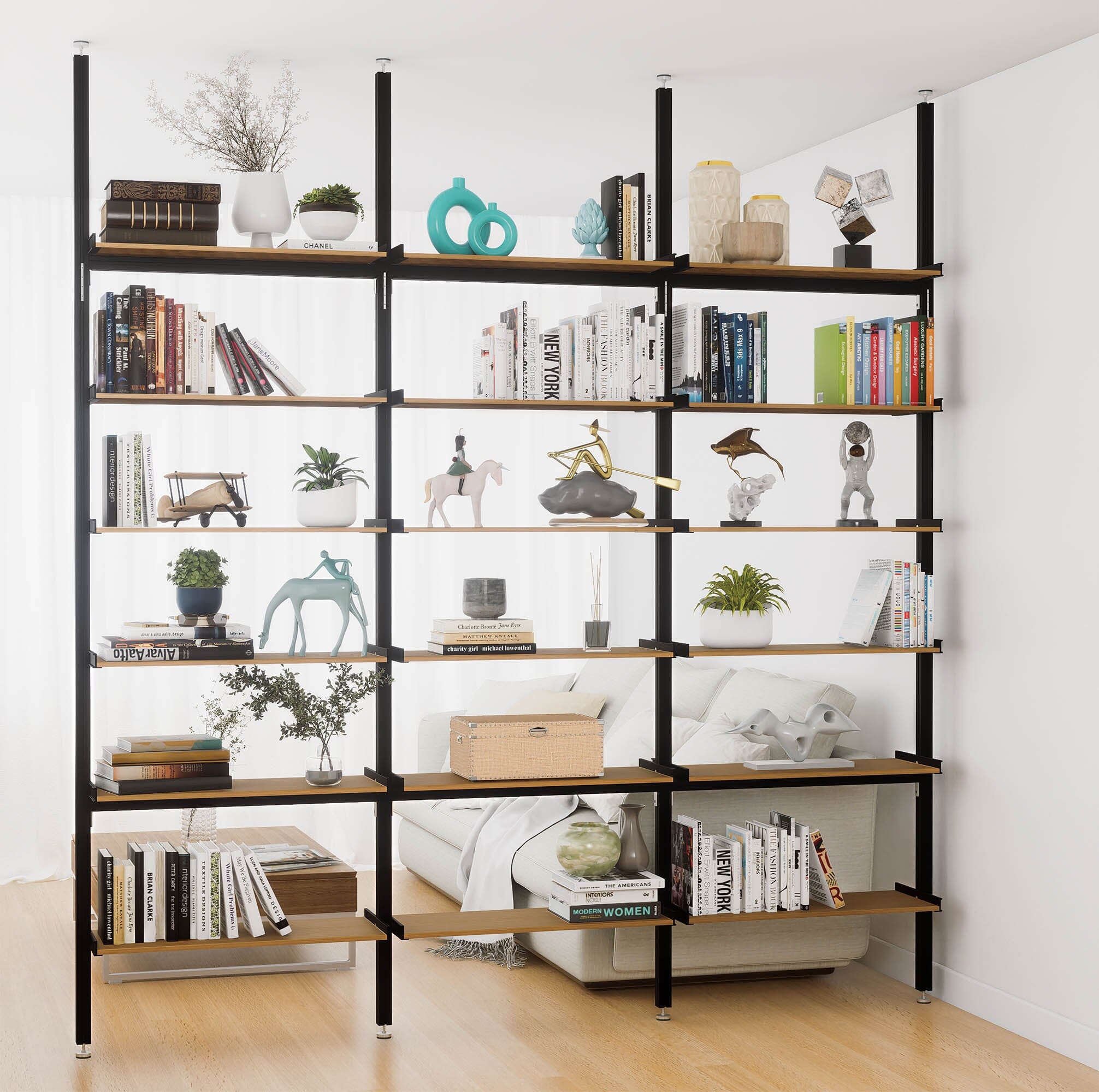 Aluminaire Wood Inspired Floor to Ceiling Shelving Room Divider