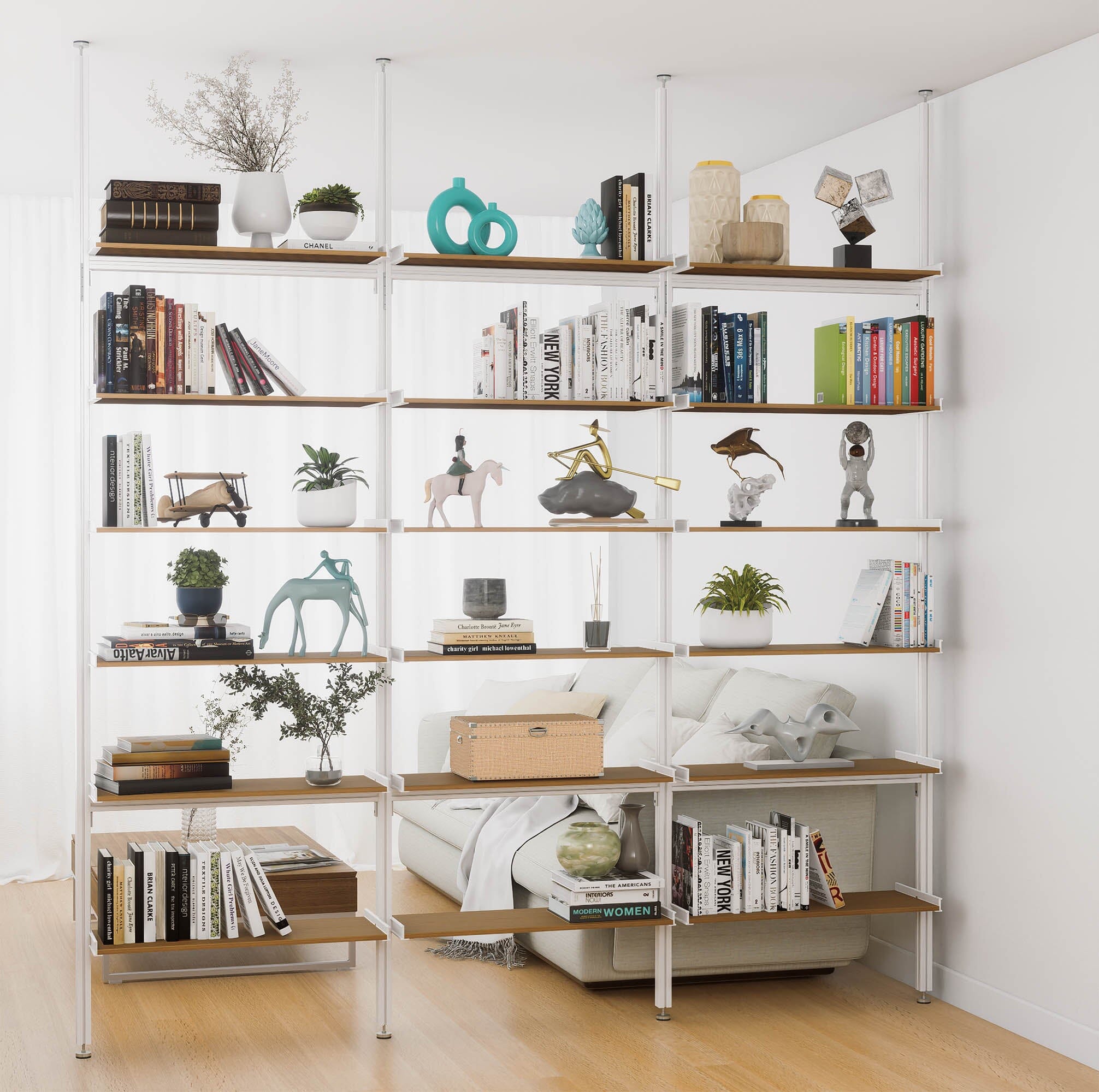 Aluminaire Wood Inspired Floor to Ceiling Shelving Room Divider
