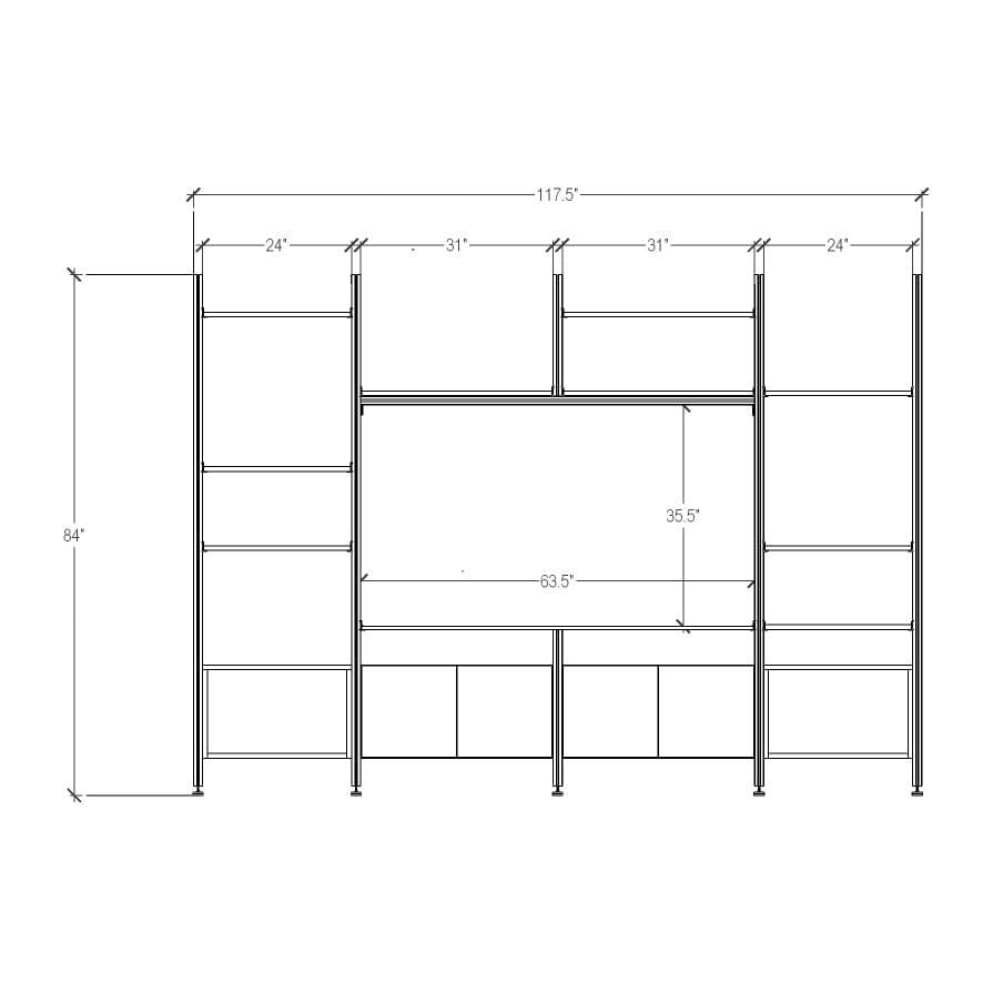 Harmony 4 Bay Media Unit - Aluminum + Wood Shelves and Cabinets