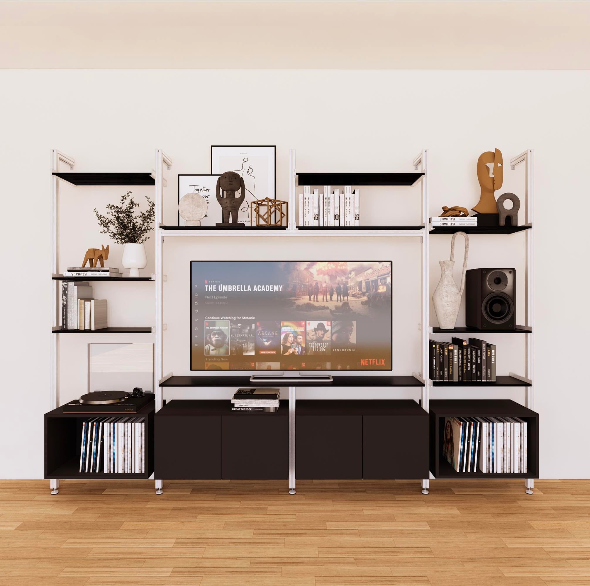 Harmony 4 Bay Media Unit - Aluminum + Wood Shelves and Cabinets