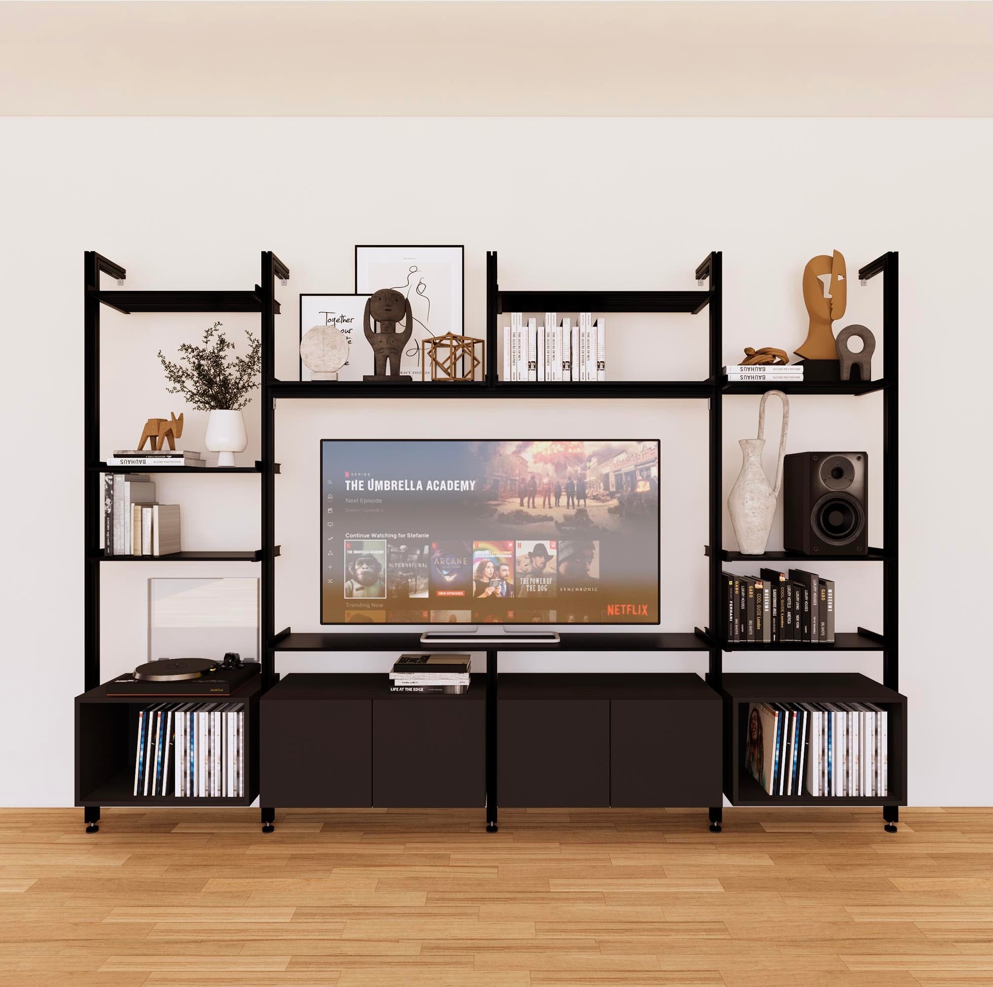 Harmony 4 Bay Media Unit - Aluminum + Wood Shelves and Cabinets