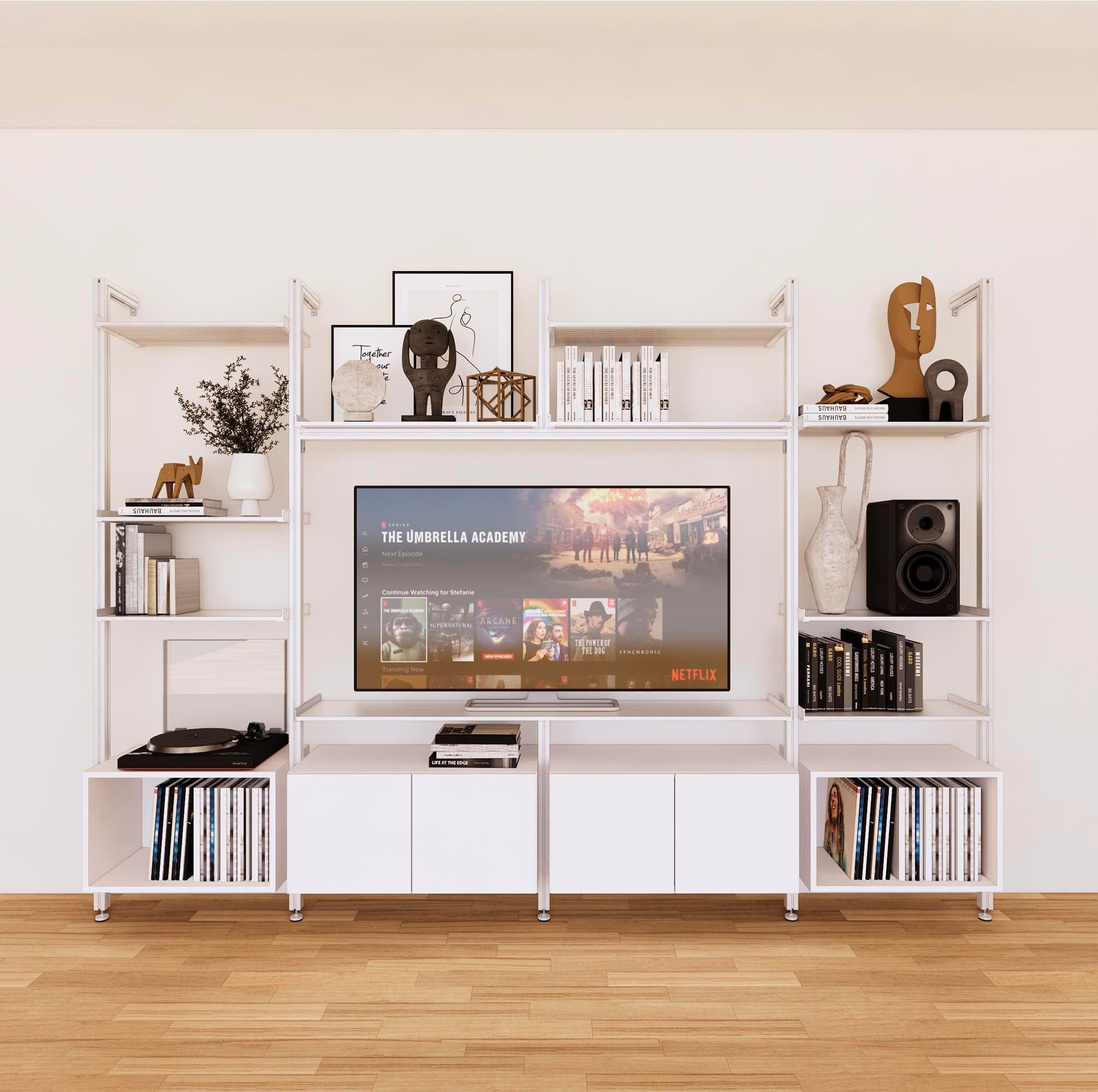 Harmony 4 Bay Media Unit - Aluminum + Wood Shelves and Cabinets