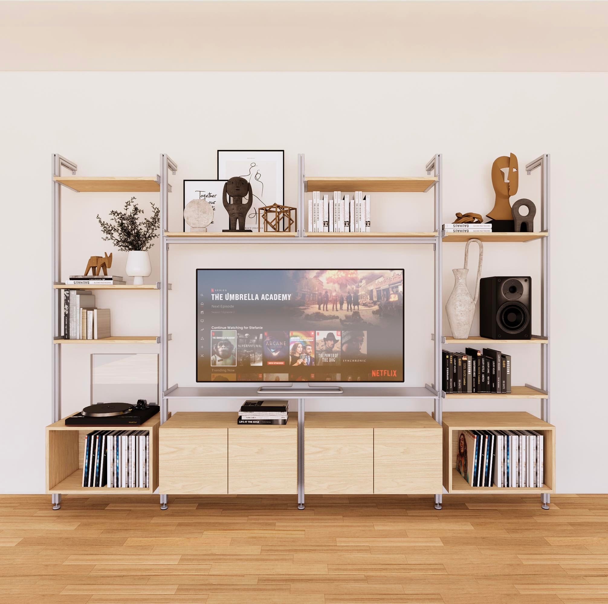 Harmony 4 Bay Media Unit - Aluminum + Wood Shelves and Cabinets