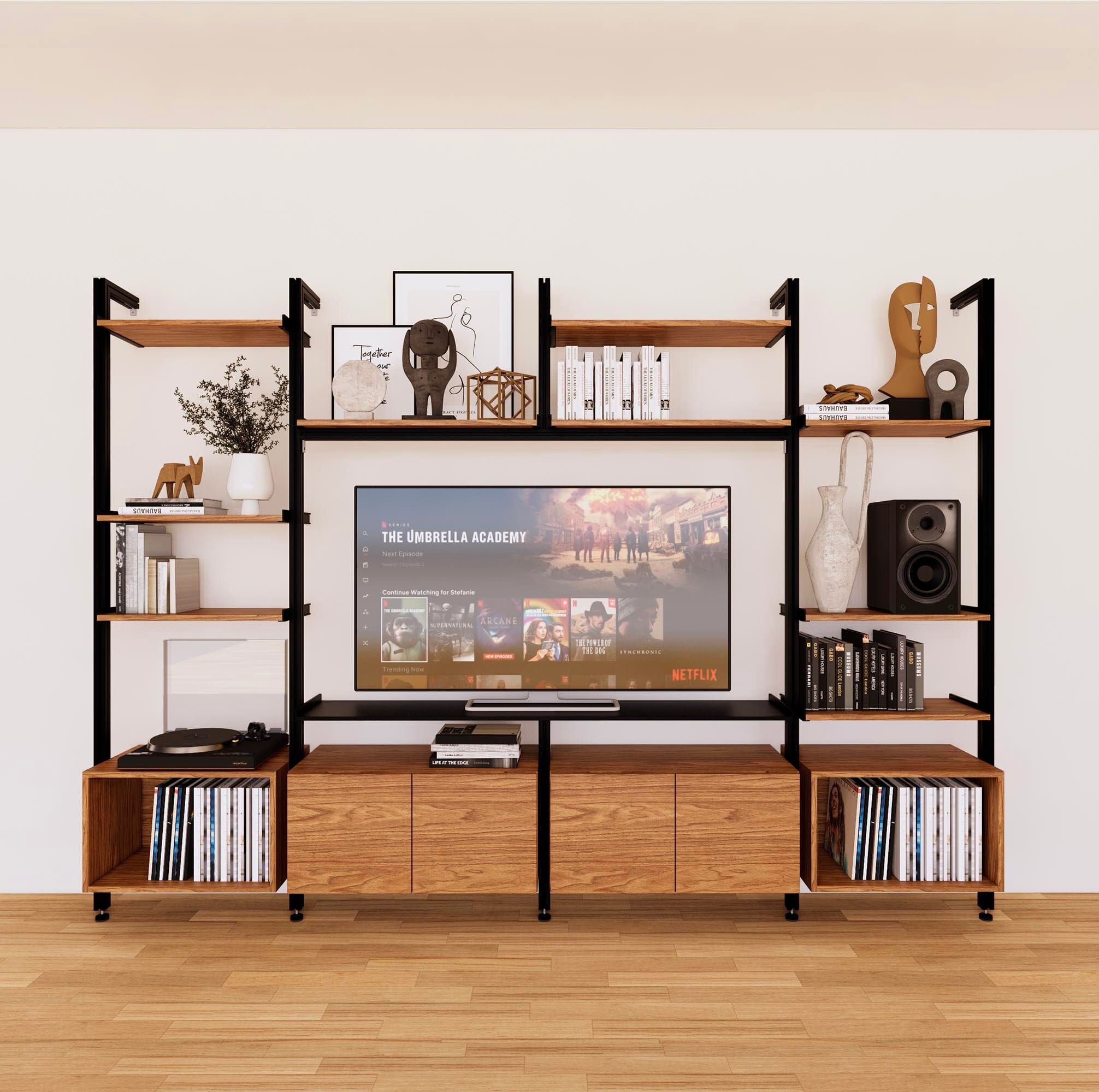 Harmony 4 Bay Media Unit - Aluminum + Wood Shelves and Cabinets