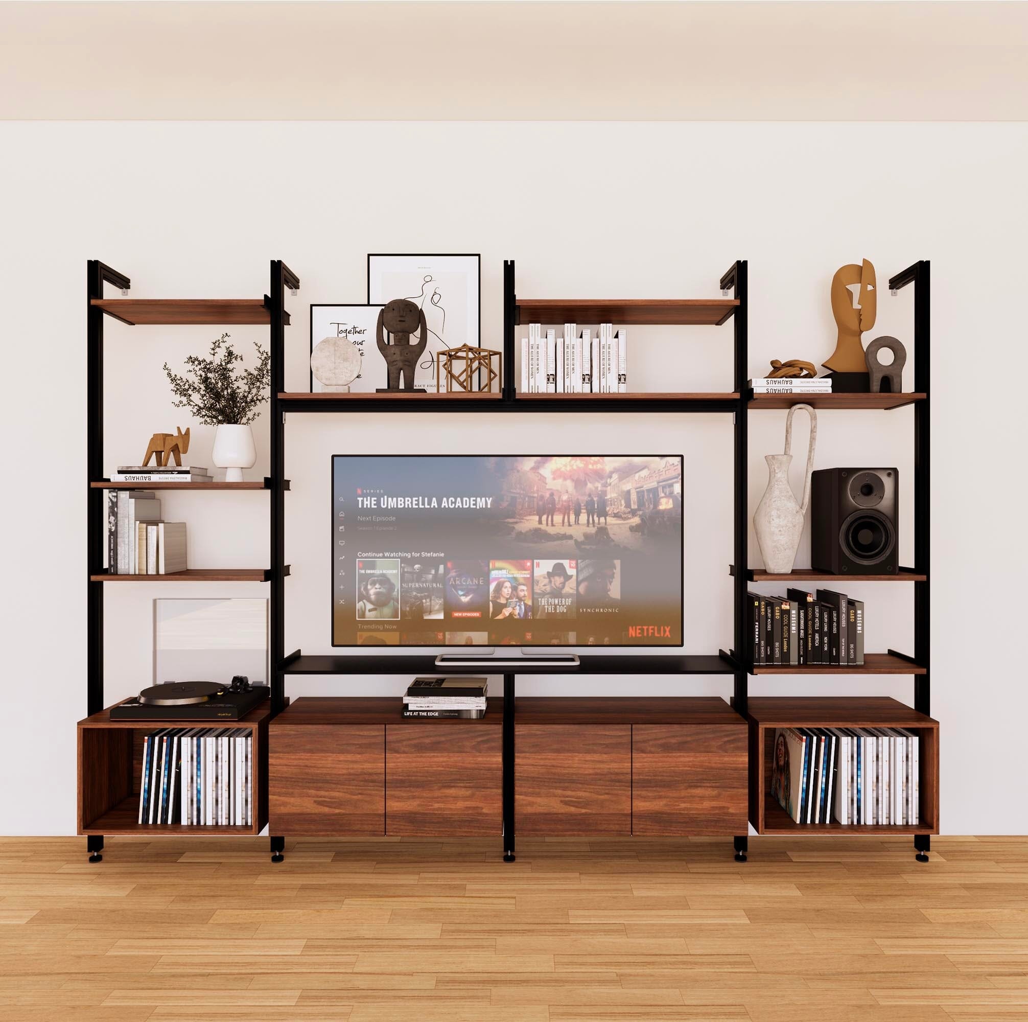 Harmony 4 Bay Media Unit - Aluminum + Wood Shelves and Cabinets